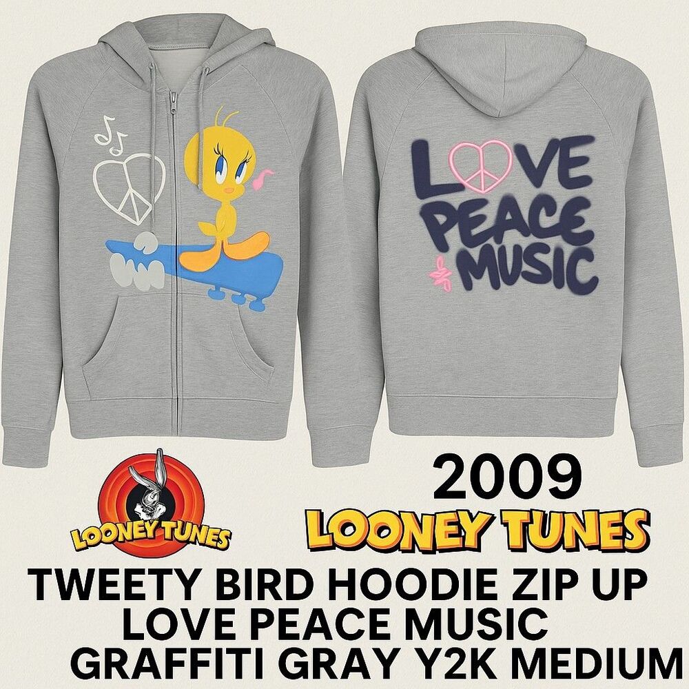 2009 Looney Tunes Tweety Bird M Hoodie Zip Up Love Peace Music Graffiti Gray...